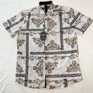 Mens Italian Fashion Button Up Short Sleeve Shirt Baroque‎ Greek Key Medusa M